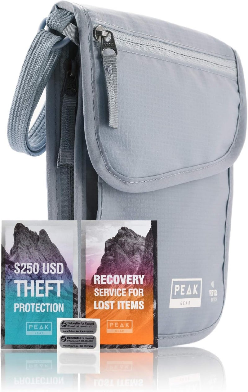 Peak Gear محفظة عنق RFID - الحقيبة الأصلية للسفر مع حزام كتف قابل للتعديل + حماية من السرقة وخدمة المفقودات | رمادي - Image 1